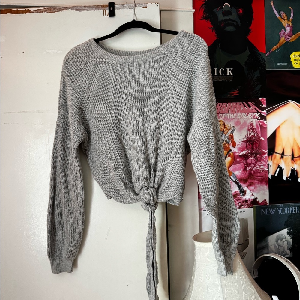 Hollister Light Gray Tie-Front Sweater